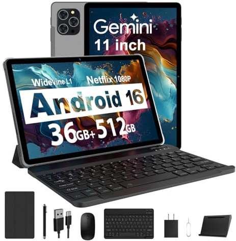 RUSHAR Tablet 11 Zoll Android 16 mit 36GB RAM + 512GB ROM (2TB TF), 4G LTE & 5G WiFi, Octa-Core 2.0 GHz, 8000mAh,13MP + 8MP, Widevine L1, Gemini AI, GPS, Face ID, BT 5.0, Tablet mit Tastatur, Grau