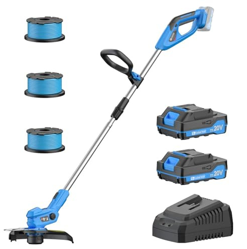 Cortabordes a Batería con 2 Baterías 2.0Ah y Cargador - Desbrozadora Eléctrica Ultraligera 1,9kg, Ancho de Corte 30cm, 9000RPM, 3 Bobinas de Hilo - Ideal para Jardín y Bordes (Hellblau)