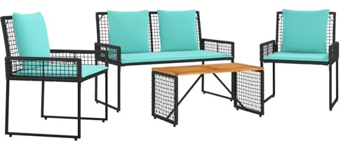 vidaXL Gartenmöbel-Set mit Kissen 4 pcs Schwarz und Türkis, Bequeme Gartenmöbel, stylisches Set, robust für draußen, rustikales Gefühl für Entspannung