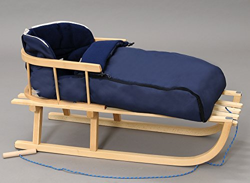 Holzschlitten Kinderschlitten Rodelschlitten Schlitten Klassischer aus Buchenholz mit Rückenlehne mit Winterfußsack aus Holz 90cm | 10 Farben (Dunkelblau)