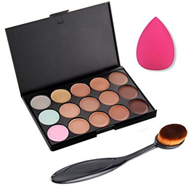 Pure Vie® 1 Stück Oval Make Up Pinsel + 1 Schwamm Puff + 15 Farben Concealer Abdeckcreme Camouflage Palette Cover Abdeck Makeup