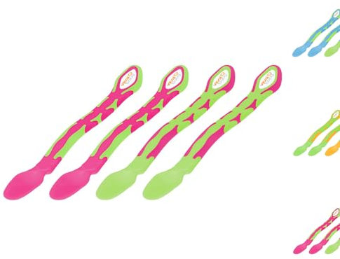Vital Baby Mamas erster Löffel, Fütterlöffel, Beikostlöffel für Gläschen, Schaber, extra langer Löffel, Babylöffel, spülmaschinengeeignet, ab ca. 4-6 Monaten, 4 Stück - pink/grün