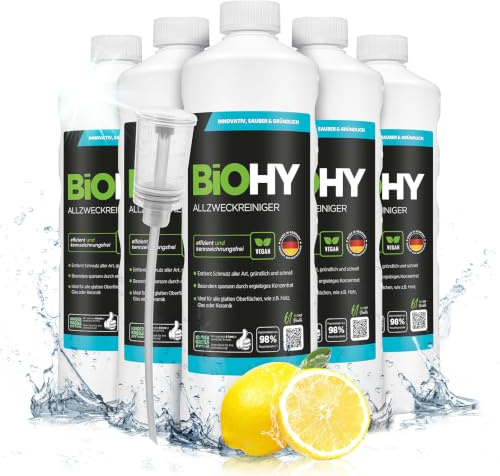 BiOHY Allzweckreiniger (6 x 1L) + Dosierer | Bodenreiniger Konzentrat für Parkett, Fliesen & Hartböden | Reiniger für Wischroboter, Saugwischer & Saugroboter | Schaumarmes, ergiebiges Reinigungsmittel