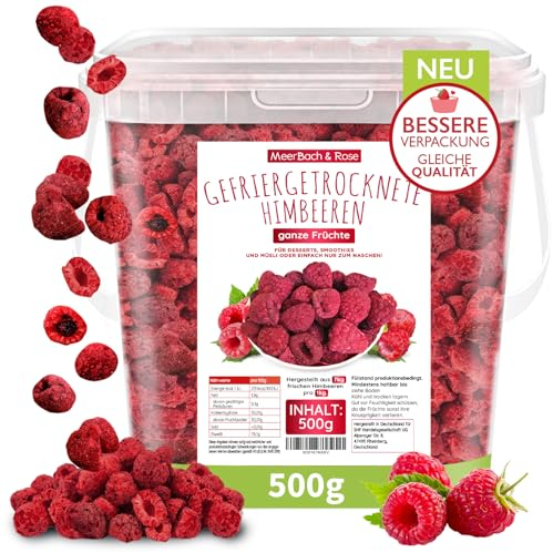 Meerbach & Rose Himbeeren gefriergetrocknet, KEINE Chinaware, 500g gefriergetrocknete ganze Früchte, frei von Zusatzstoffen, fruchtig, in Deutschland hergestellt