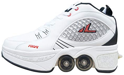HUOQILIN Zweireihige Verformung Radverformung Automatische Laufschuhe Unsichtbarer Rollschuh 2 In 1 Abnehmbare Riemenscheiben Schlittschuhe,White-EU40