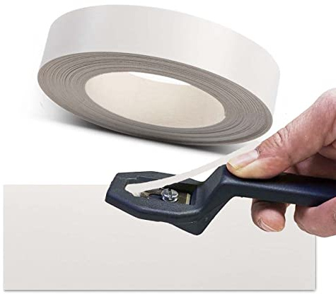 ben+camilla.com STARTER-SET Kantenschneider + Kantenumleimer Weiß 17 mm x 10 Meter Rolle Kantenband mit Schmelzkleber weiss glatt matt zum Aufbügeln inkl. extra sicherem Kantentrimmer