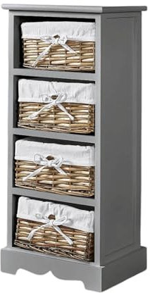 Home Source Bedroom Wooden Storage Unit, Woven Willow Wicker Baskets, 4 Drawer Cabinet Chest, Grey