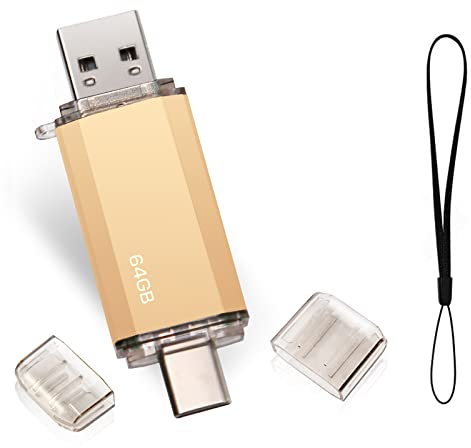 Type C USB Stick 64gb, OTG USB C Speicherstick 64GB 2-in-1 Type C Flash Laufwerk 64 GB Mini Memory Stick Externe Pen Drive für MacBook Pro, Android Handy, Pad, Laptop UND Computer (Gold)