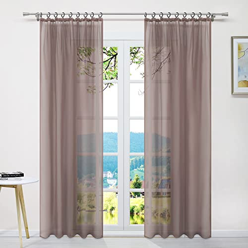 ESLIR Gardinen mit Kräuselband Vorhänge Fensterschal Transparent Schlaufenschal Voile Schal Uni Kaffee BxH 145x245cm 1 Stück