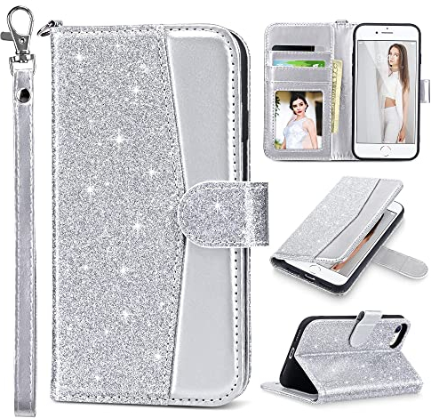 ULAK iPhone SE 2020/2022 Hülle, iPhone 8/7 Lederhülle PU Flip Cover Tasche Brieftasche Schutzhülle Magnet Handyhülle Stand mit Kartenfächer Case für iPhone 7/8/SE 2020/2022 - Silber Glitzer