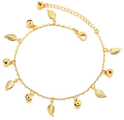 COOLSTEELANDBEYOND Unique Femme Or Chaîne Maillons Bracelets de Cheville avec Feuilles Charms et Grelot, Réglable