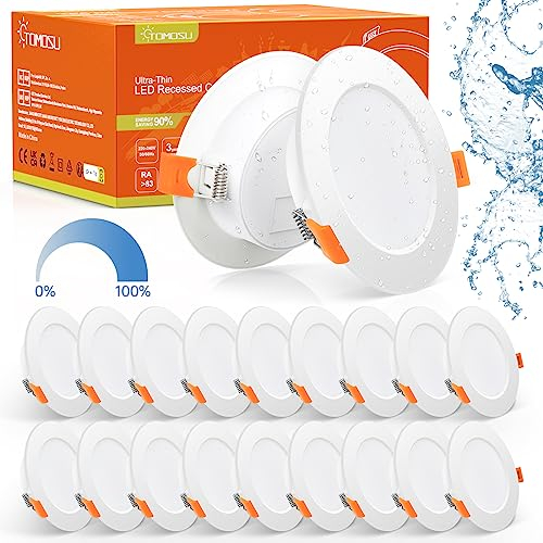 Tomosu 20er Set LED Einbaustrahler 230V Dimmbar, 5W 450LM IP44 Ultra Flach LED Spot Kaltweiss 6000K, Deckenspots Flach 100mm, Einbautiefe 24mm für Wohnzimmer Badezimmer