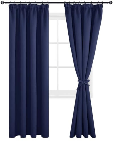 DWCN Vorhänge Blickdicht Gardine Verdunkelungsvorhang Gardinen mit kräuselband 2 Set H245 x B140 cm, Vorhänge Wohnzimmer für Schienensystem mit Vorhang-Krawatten, Thermovorhang, Dunkel Blau