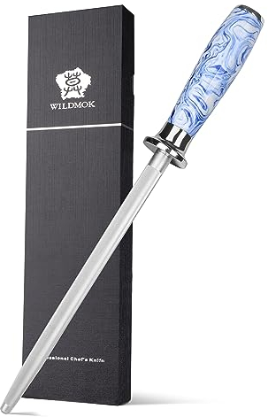 WILDMOK 20 cm hoher Kohlenstoffstahl-Messerschärfer mit ergonomischem blau-weißem Porzellanmuster Harzgriff - professioneller Abziehstahl für Küchenmesser