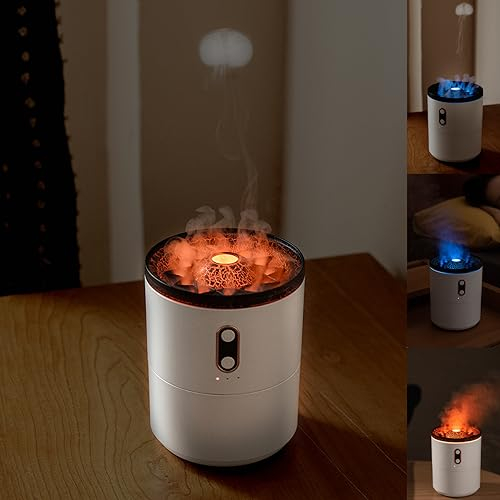 Towwoo Volcano Aroma Diffuser, 450 ml Rain Cloud Humidifier mit Flammen Effekt, Spray Wie Eine Qualle, Flame Luftbefeuchter Öle Diffuser Nachtlic für Schlafzimmer, Qualle/Flamme 2 Modi/Farblichter