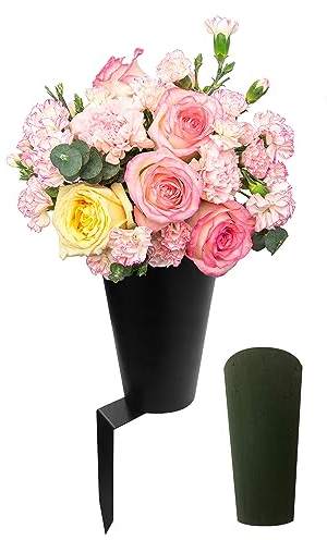 Generic Friedhofsvase aus Metall mit Blumenschaum und verstärktem Spieß – schwarze rechteckige Grabvase für Friedhof, Beerdigungen, Gedenktag, Halloween, Erntedankfest und mehr