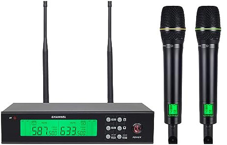 KOMISON Sistemas de micrófono inalámbrico, micrófono inalámbrico UHF de 2 canales, micrófonos profesionales inalámbricos, 200 frecuencias ajustables, para cantar, karaoke, aula, 260 pies