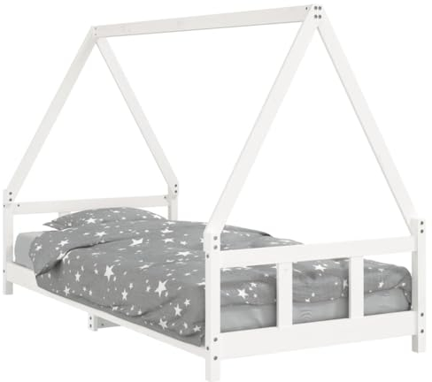 vidaXL Kinderbett, Kinder Bettgestell mit robusten Latten, Hausbett für Kleinkinder ab 4 Jahren, Einzelbett Kinder Jugendbett Holzbett, Weiß 90x200 cm Massivholz Kiefer