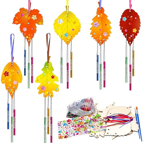 12 Stück Windspiel Bastelset Kinder Holz Blatt Windspiele DIY Blätterwindspiele Basteln Herbstdeko Bastelhandwerk für Jungen Mädchen Herbst Erntedankfest Geburtstag Weihnachten Geschenke
