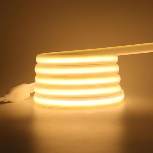 HEGEHE 220V Tira de LED COB 3M, 288LEDs/m Flexible Blanco Cálido CRI≥85 FCOB Tira Luces,IP65 Impermeable Super Brillante LED Tira de Luz con Enchufe Interruptor para Dormitorio,Iluminación de Armarios