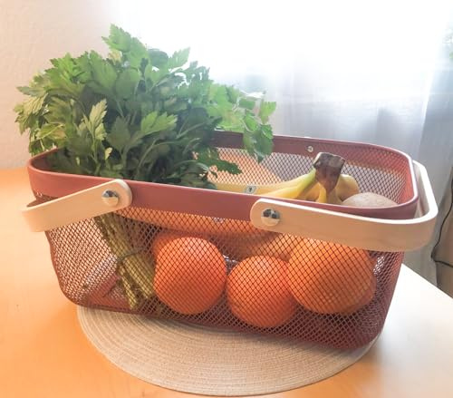 Sarmini Aufbewahrungskorb mit Holz Henkel, Multifunktionaler Metalldraht Hängende Küchenkörbe Obstkorb Ideal für Küche, Bad, Speisekammer, Garten, Schrankhaus, Einkaufen (Rot, Rechteck)