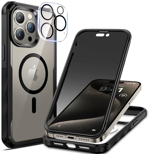 seacosmo Sichtschutz Hülle für iPhone 15 Pro Max[Kompatibel mit Magsafe], Anti-Spy Handyhülle 360 Grad Schutzhülle, Stoßfestes Case mit Privacy Panzerglas und Kamera Schutzfolie [9H HD]-Schwarz