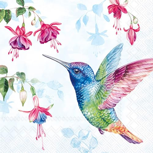 IHR Serviette Bunter Kolibri 20 Stk Einseitig Bedruckt 33x33 cm Papier Frühling Dekoration Decoupage-Technik