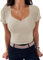 TrendiMax Damen T-Shirt Herzausschnitt Kurzarm Sommer Shirt Gerippt Slim Fit Oberteile Casual Bluse Tops (S, Aprikose)