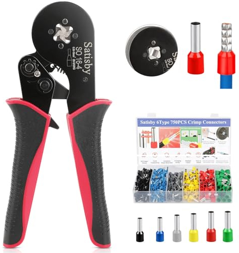 Satisby Crimpadora con 750 pcs Terminales 0.08-16mm² - Crimpadora Alicatesde Terminales Preaislados - cuadrilateral Engarzadora de Crimpado Alicates Conectores Cable