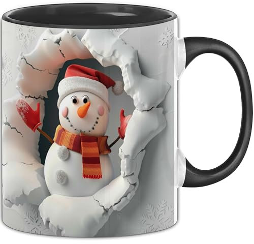 Trendation - 3D Schneemann Tasse Geschenk 3D Motiv Grafik Becher Weihnachten Schnee (Schwarz)