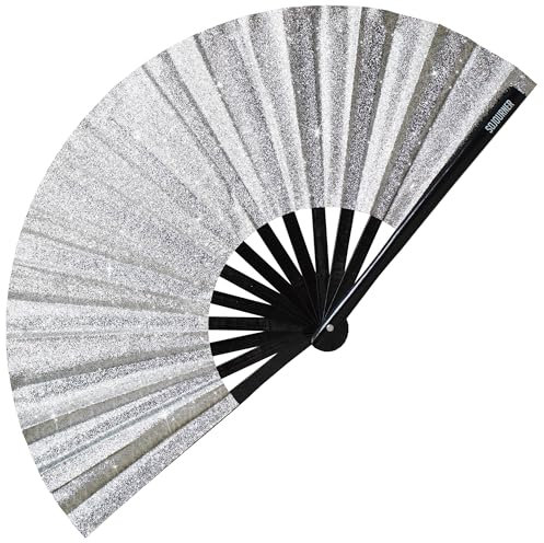 SoJourner Bags Glitter Silver Rave Fan - Large Folding Clack Fan for Men and Women - Rave Accessories for EDM, Line Dancing, Cosplay, Concerts and More