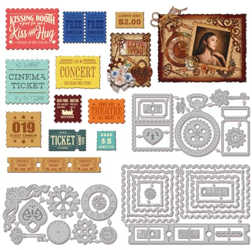 GLOBLELAND Stanzformen Im Retro Stil Mit Uhrschlüssel Und Rahmen Zum Kartenbasteln Metallstanzer Vintage Foto Spitzenrahmen Etiketten Stanzformen Vorlagen Für Scrapbooking Journale Prägepapier