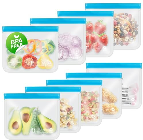 Dcsioike Reusable Freezer Bags, Extra-thick Leakproof Gallon Vegetable Snack Sandwich Bag, BPA Free Silicone Bags for Food Storage,Travel, Home Organization(9 Pack - 9 Medium)