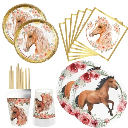 ASSUGO 60 pferde geburtstagsdeko partygeschirr set, pferde deko geburtstag,pappteller kindergeburtstag, becher,Strohhalme und pferde servietten für Geburtstags party,pferdegeburtstag Partygeschirr