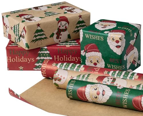 RUSPEPA Rotolo Di Carta Da Regalo Kraft Natalizia - 43,2 Cm X 3 M Per Rotolo, Totale Di 3 Rotoli - Pupazzo Di Neve, Babbo Natale E Albero Di Natale