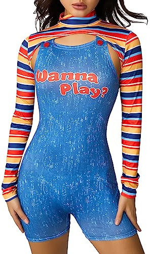 WERNZATT Damen Halloween Gruselige Killer-Puppe Kostüm Gruselige Neuheit Cosplay Party Kleidung Halloween Chucky Puppe Anzug Verkleidung Outfit (B Blau, L)