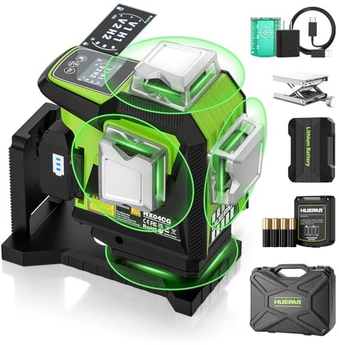Huepar Livella Laser Autolivellante Professionale 16 Linee, 4 X 360° Livello Laser Verde Dotato di batteria agli ioni di litio + batteria AA,con display LCD e modalità impulso - base magnetica-HX04CG