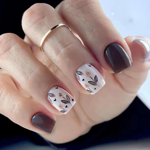 Yeomju 24 Pcs Automne Press On Nails Fleurs Courtes Faux Ongles Fleurs Courtes Ongles Carrés Gel Ongles Faux Ongles Et Élégant Portable Pour Femmes
