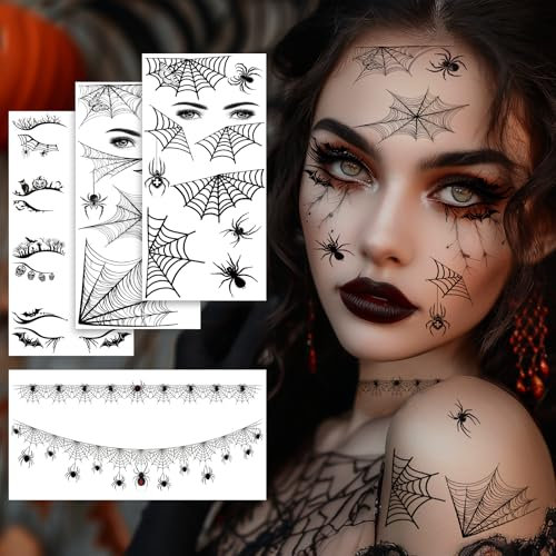 Halloween Tattoo Gesicht,Gesichtstattoo Lidschatten Wimpern Temporäre Tattoos mit Fledermäuse Spinnen und Spinnennetz Motive Aufkleber für Karneval,Maskerade,Halloween Tag der Toten Kostüm Damen