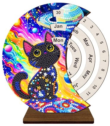 CXINLky DIY Diamond Art Painting Kalender, 5D Diamant Painting Drehbare Kalenderornamente Aus Holz, Diamant Painting 2025 Tischkalender Tisch Deko Geschenke Weihnachtsdeko Ornamente-13-Schwarze Katze