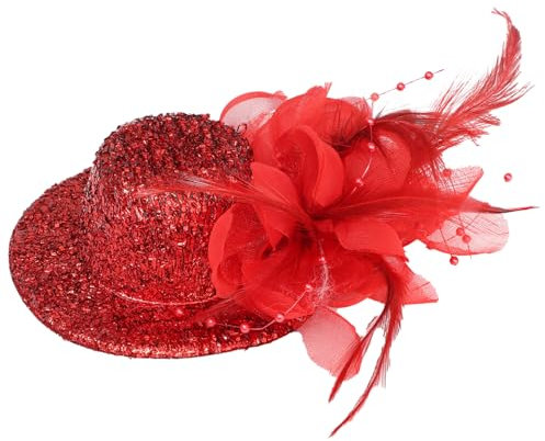 YiZYiF Damen Fascinator Mini Top Hut Haarclip mit Feder Blumen Deko Glitzer Magier Mini Zylinder Haarspange Kopfschmuck Cosplay Haar Accessoires Maskerade Rot One Size