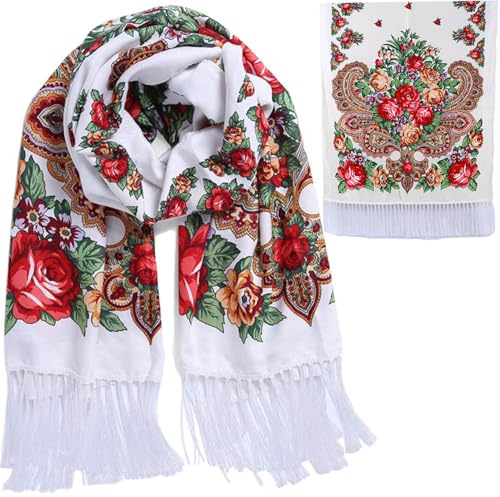 LOVNBHELP Schalldämpfer-Schal im russischen Stil, traditionelle Quaste, exotisch, warm, weich, groß, lang, rechteckig, Weiss/opulenter Garten, L 78.7 x W 27.6