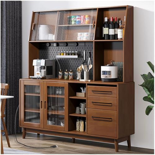 Meuble de rangement haut de cuisine avec support pour micro-ondes et station de charge, tiroirs et étagères en métal, couleur marron, design moderne