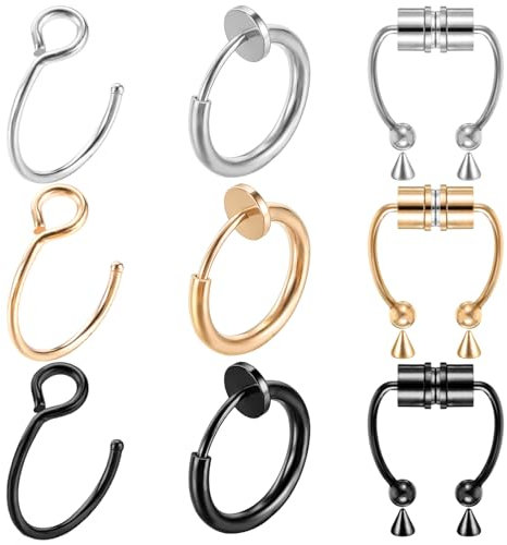 Telooco 9 Stück Fake Nasenring Magnetisch Fake Septum Piercing Edelstahl Nasenring Hoop Hypoallergen Clip On Nase Lippenringe Nicht Durchstochen Septum Ring Schmuck für Damen Herren