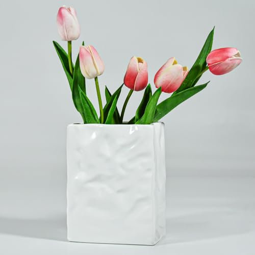 Keramik Blumenvasen 16cm cremefarbene, Beinhome Moderne Dekorative Vasen für Pampasgras Tulpen Rosen Wohnzimmer Bücherregal Tischdeko Geschenk für Mama Oma