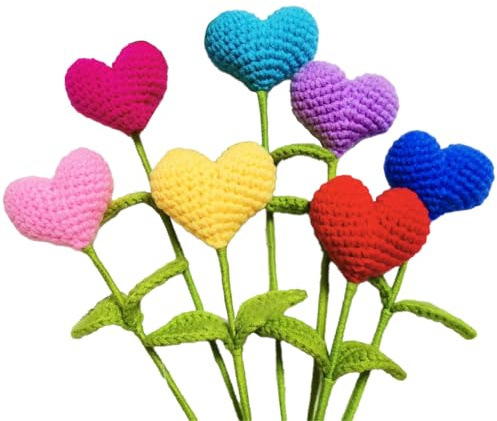 Magicherry Fertiger gehäkelter Blumenstrauß mit Herzen, 7 Stück, gestricktes künstliches Wollgarn, bunte Herzblumen für Arrangements, Blumenstrauß, Basteln, Hochzeitsdekoration, mehrfarbig