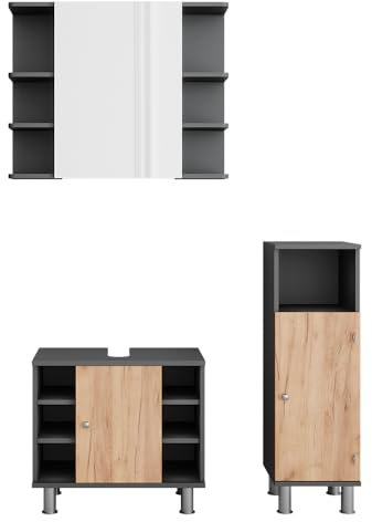 Vicco Badmöbel-Set Anthrazit/Goldkraft Eiche Fynn, bestehend aus Bad Spiegelschrank, Waschbeckenunterschrank, Midischrank - mit Fächern für Flexible Aufbewahrung