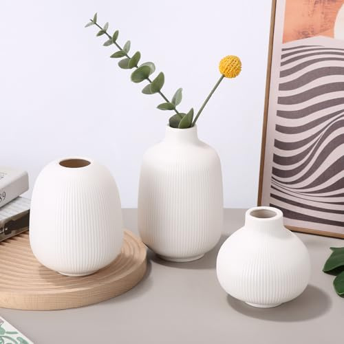 Kleines Keramikvasen Set 3 TLG, Keramik Vasen Set 3pcs, Moderne Deko Vase für Blumensträuße, Pampasgras, Getrocknete und Frische Blumen, Deko Schlafzimmer für Regale, Schlafzimmer, Büro