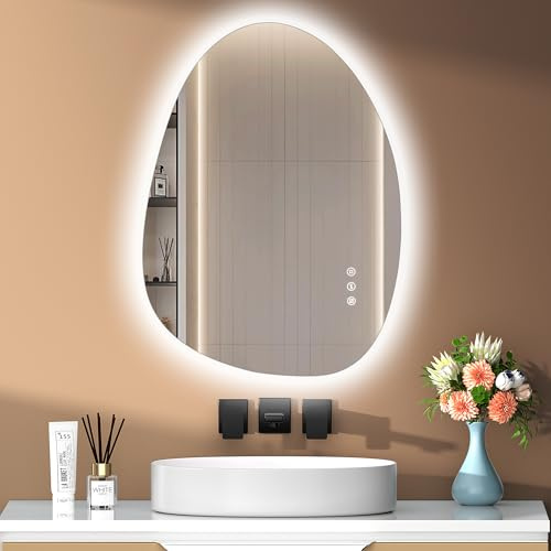 PESENXAN Asymmetrischer Spiegel mit LED-Beleuchtung, 65x50cm, ohne Rahmen, mit Touch-Schalter, Antibeschlag, 3 Lichtfarben, Dimmbar & Speicherfunktion, Horizontal/Vertikal