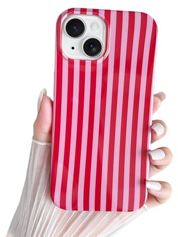SmoBea for iPhone 14 Case Cute Striped Phone Case Soft TPU Slim Shockproof Phone Cover for Women Girls Beautiful and Stylish, Red and Pink
